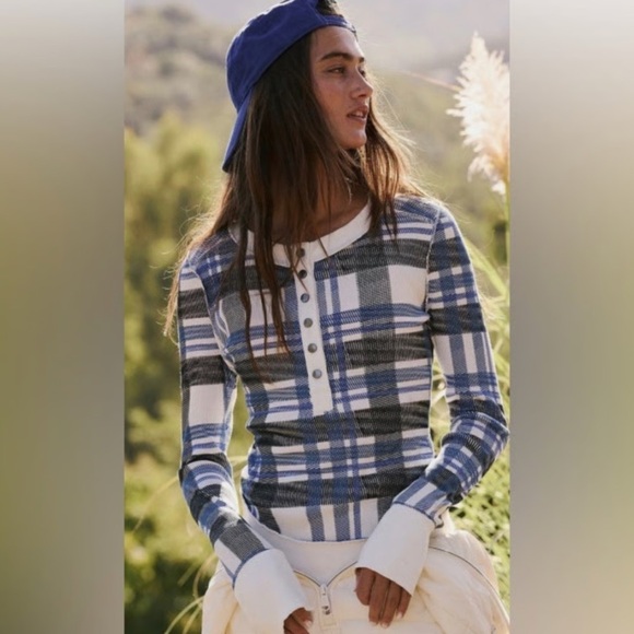 FP Movement by Free People Tops - FP MOVEMENT Rally Ribbed Thermal Long Sleeve Top Plaid Ivory Blue Black